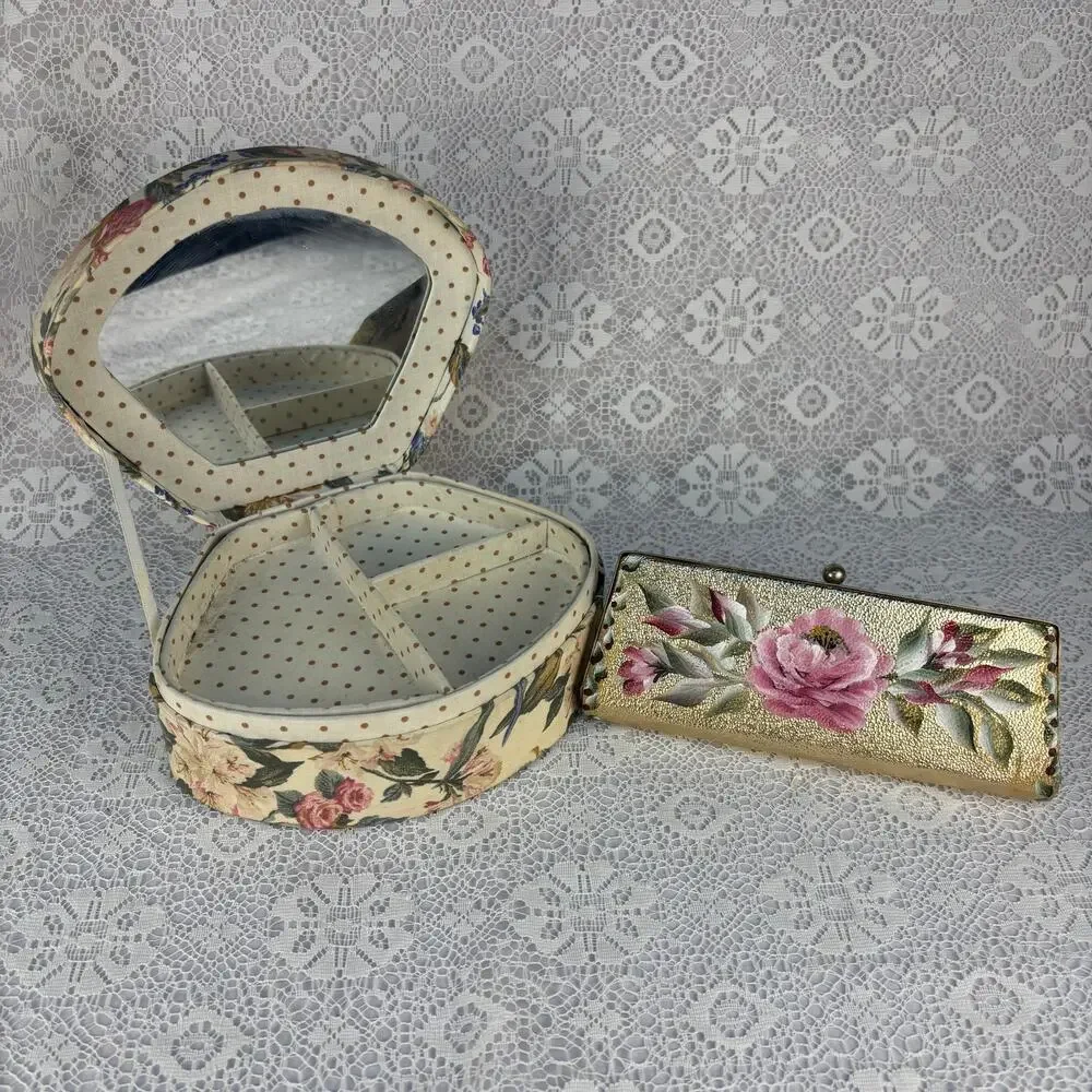 Vintage Floral Fabric Jewelry Box Mirror Ring Holder + Hand Painted Gold Case